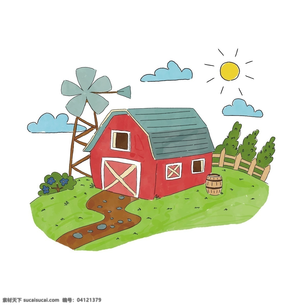 手绘 红色 房子 矢量 手绘房子 红色房子 红色的 红色农场 青青草地 草地 手绘农场 小清新房子
