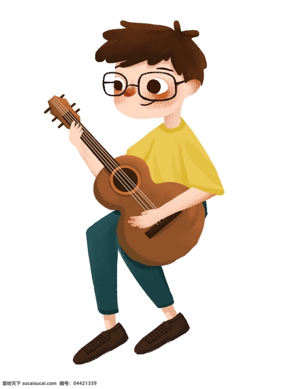 手绘 卡通 抱 吉他 小 男孩 元素 弹吉他的少年 可爱的少年 卡通风格 可爱风格 弹吉他 乐器 人物 彩色 音乐