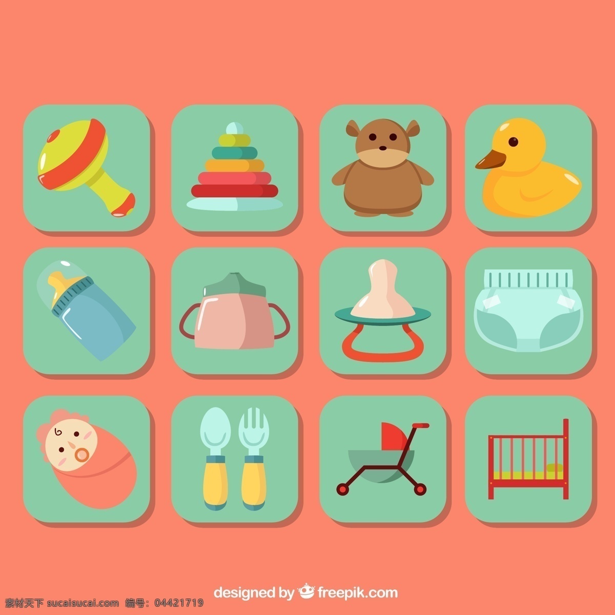 方形 婴儿用品 贴纸 图标 婴儿 用品 婴儿摇铃 玩具套环 玩偶熊 鸭子玩偶 生活用品 生活百科