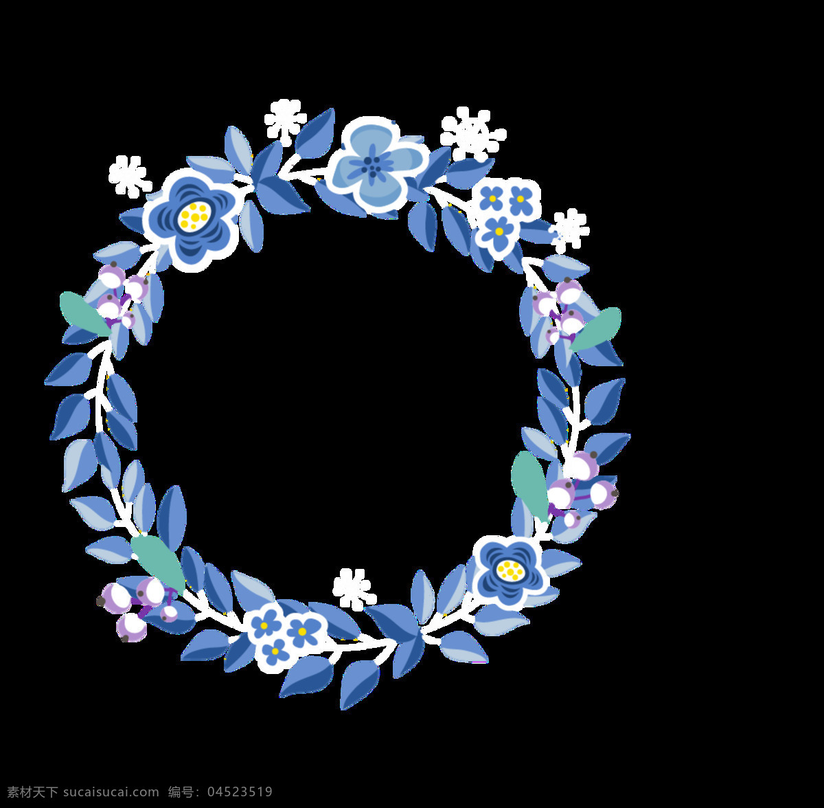 清新 深蓝色 花朵 手绘 花环 装饰 元素 黄色花蕊 深蓝色花朵 圆形 装饰元素