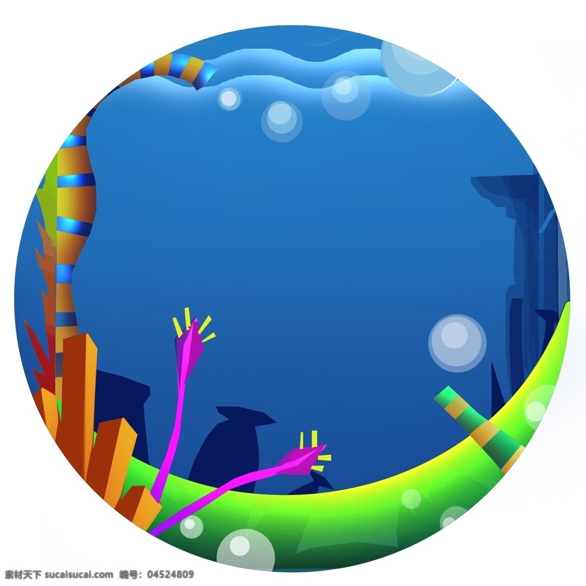 手绘 蓝色 海底 边框 元素 精美 圆形 泡泡 海底海水 海草