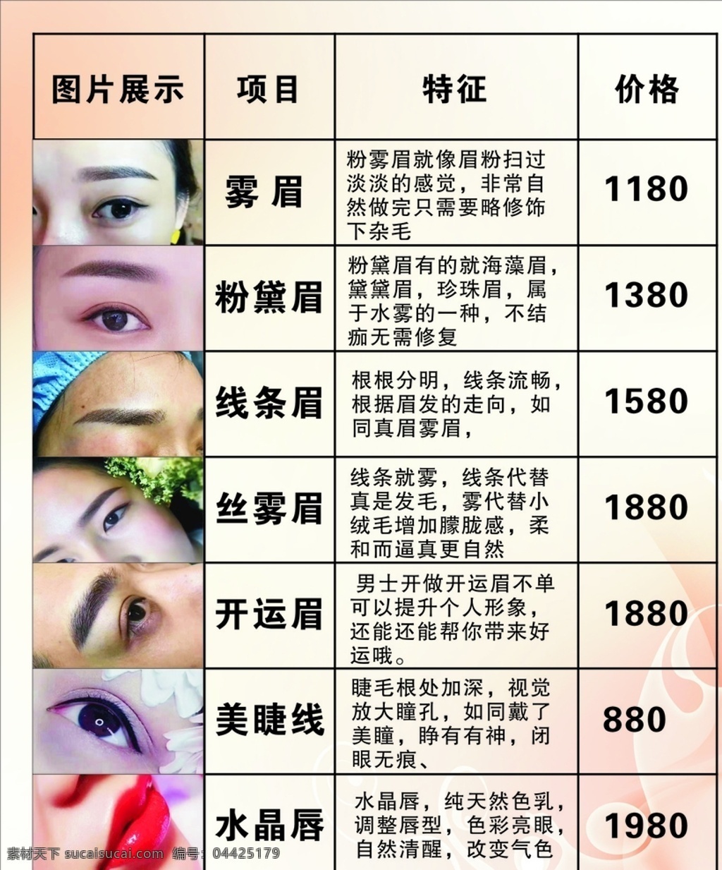 眉眼唇 化妆 唇形 眉毛 纹绣 彩妆 海报 各种眉形特征 价格表
