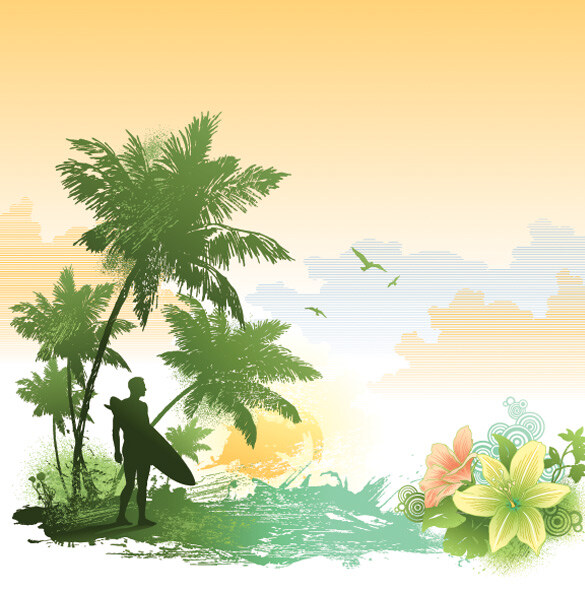 热带 主题 冲浪 矢量 背景 web 插画 创意 花 画 绘画 剪影 景观 免费 病 媒 生物 时尚 独特的 图形 质量 新鲜的 设计背景 热带地区 热带的 冲浪者 棕榈树 psd源文件