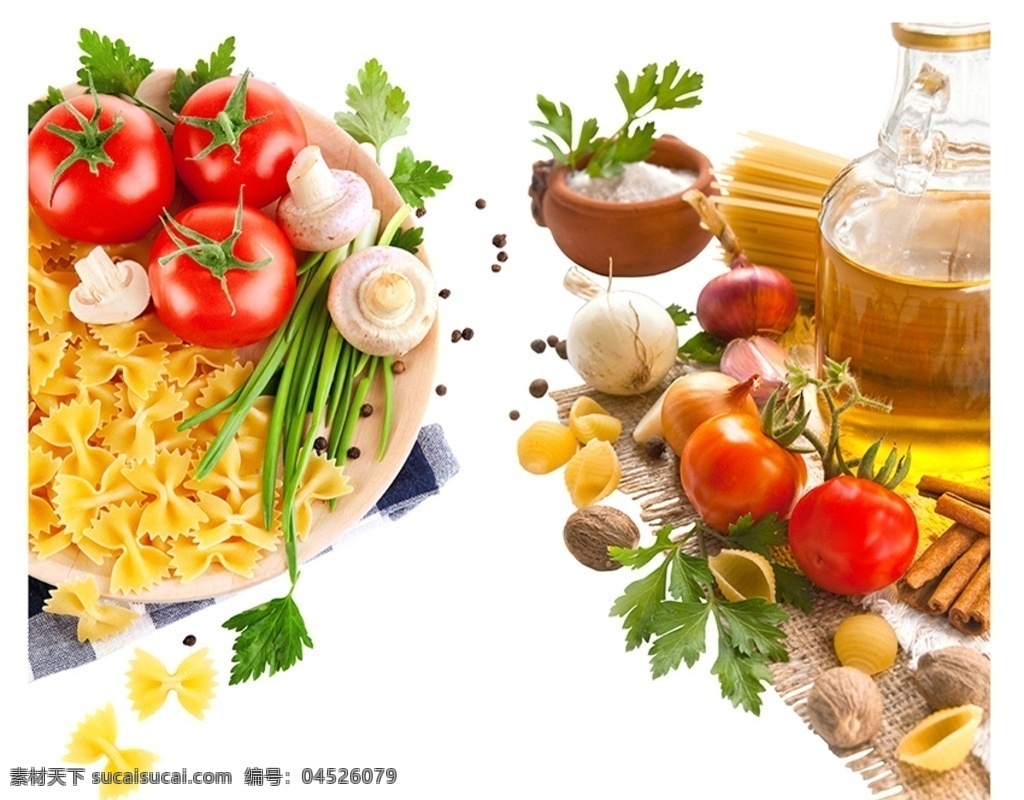 意大利面 西红柿 白菇 油 蔬菜 直条型 蝴蝶面 葱 玉桂 食物 分层