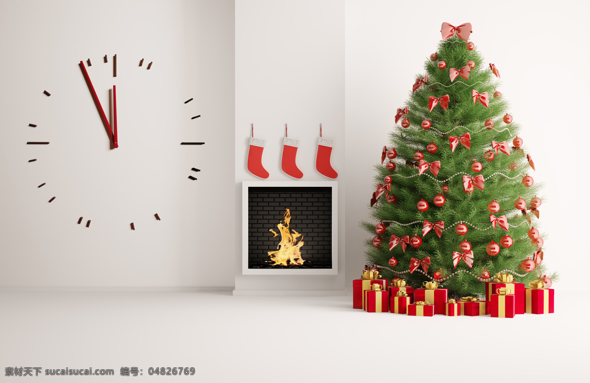 钟表 墙壁 圣诞树 袜子 地板 圣诞节 室内装饰 室内设计 环境家居