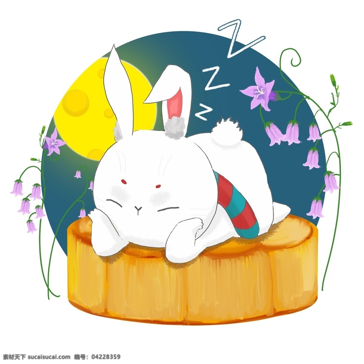 中秋节 玉兔 插画 原创 商用 月饼 兔子 睡觉 手绘