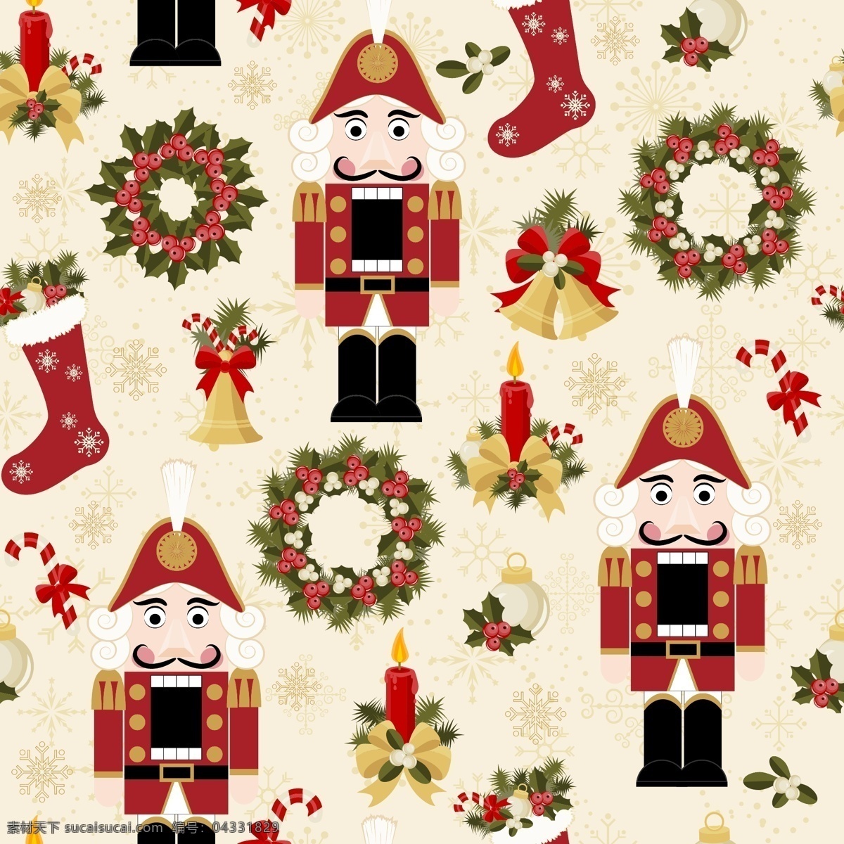 玩具 兵 圣诞节 矢量 背景 插画 花圈 卡通 可爱 铃铛 圣诞 矢量素材 袜子 小人 节日素材