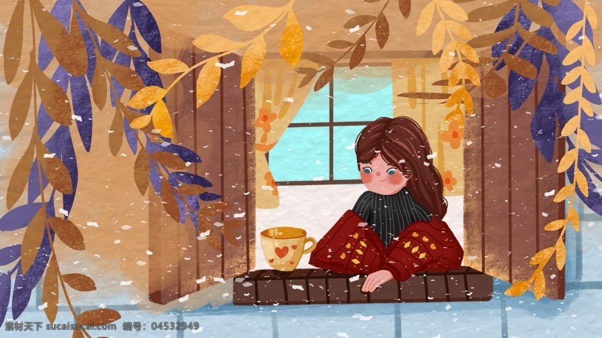 国际 儿童 日 女孩 窗口 看 雪景 可爱 插画 植物 窗户 国际儿童日 下雪