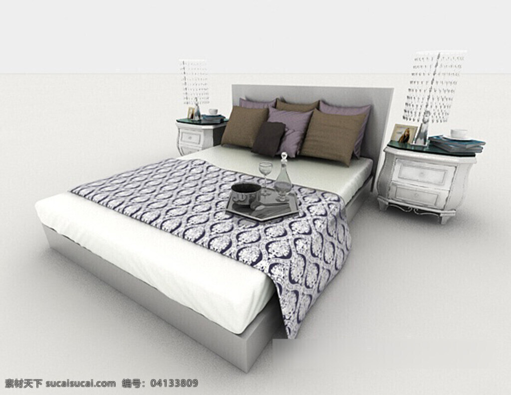 现代 风格 家用 双人床 3d 模型 3d模型下载 3dmax 现代风格模型 白色