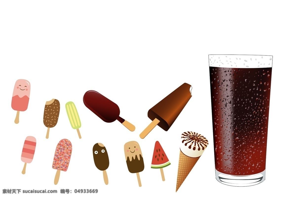 冰棒加可乐 冰棒 西瓜冰棒 巧克力冰棒 笑脸冰棒 可乐 胚子 水珠 超市素材 饮品店素材 psd格式