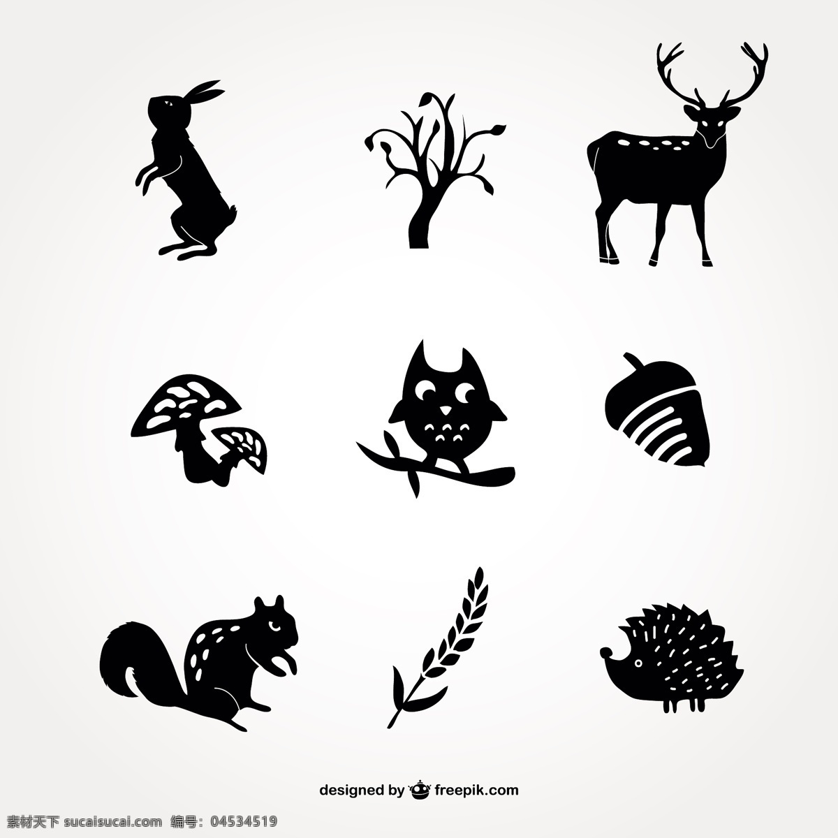 森林剪影图标 图标 猫头鹰 森林 动物 剪影 鹿 黑 植物 松鼠 刺猬 兔子简单 野生动物 silhoeuttes 白色