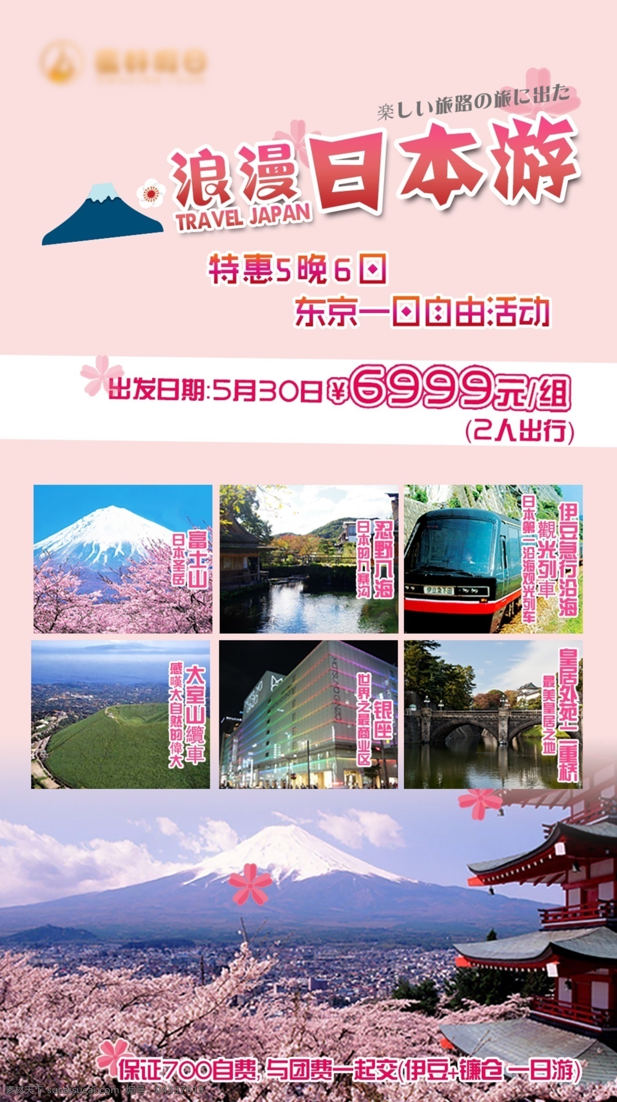 粉色 系 日本 出游 海报 特惠 日本游 旅游 5晚6日 浪漫 白色