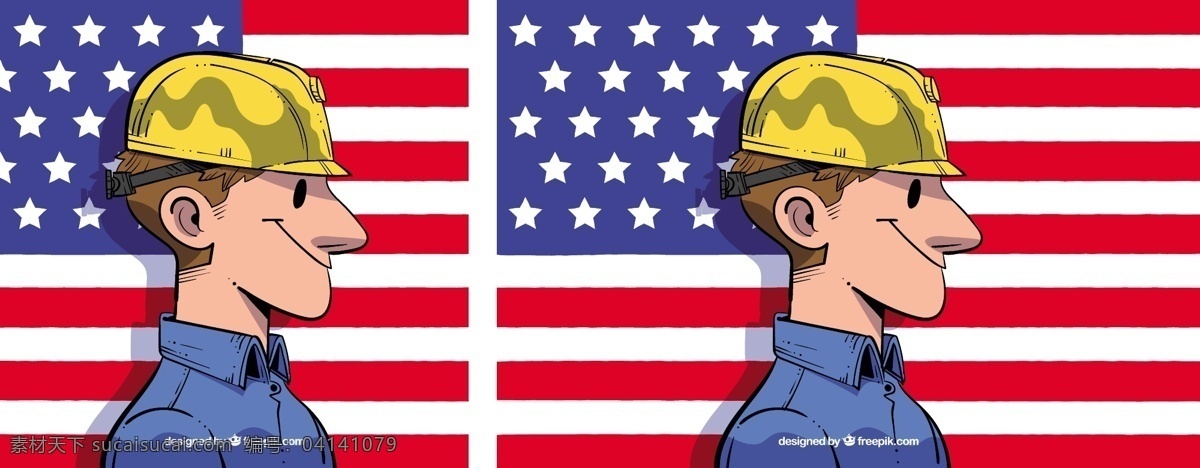 手绘 工人 美国 国旗 背景 手 人 角色 卡通 微笑 庆祝 快乐 工作 假期 快乐假期 绘画 娱乐 卡通人物 头盔