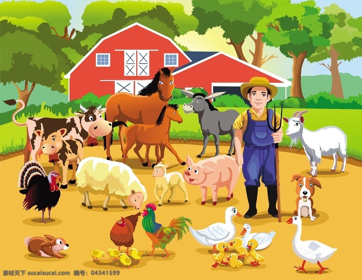 家禽 农村 农场 矢量 背景 动物 简约 花纹 卡通 设计素材 排列 平面素材 填充
