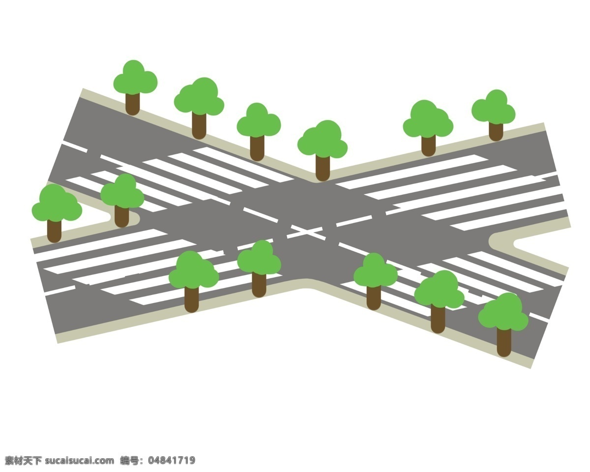 白色 斑马线 公路 插图 绿色植物 卡通树木 生长的树木 十字路口 白色斑马线 人行道 白色分割线 城市公路
