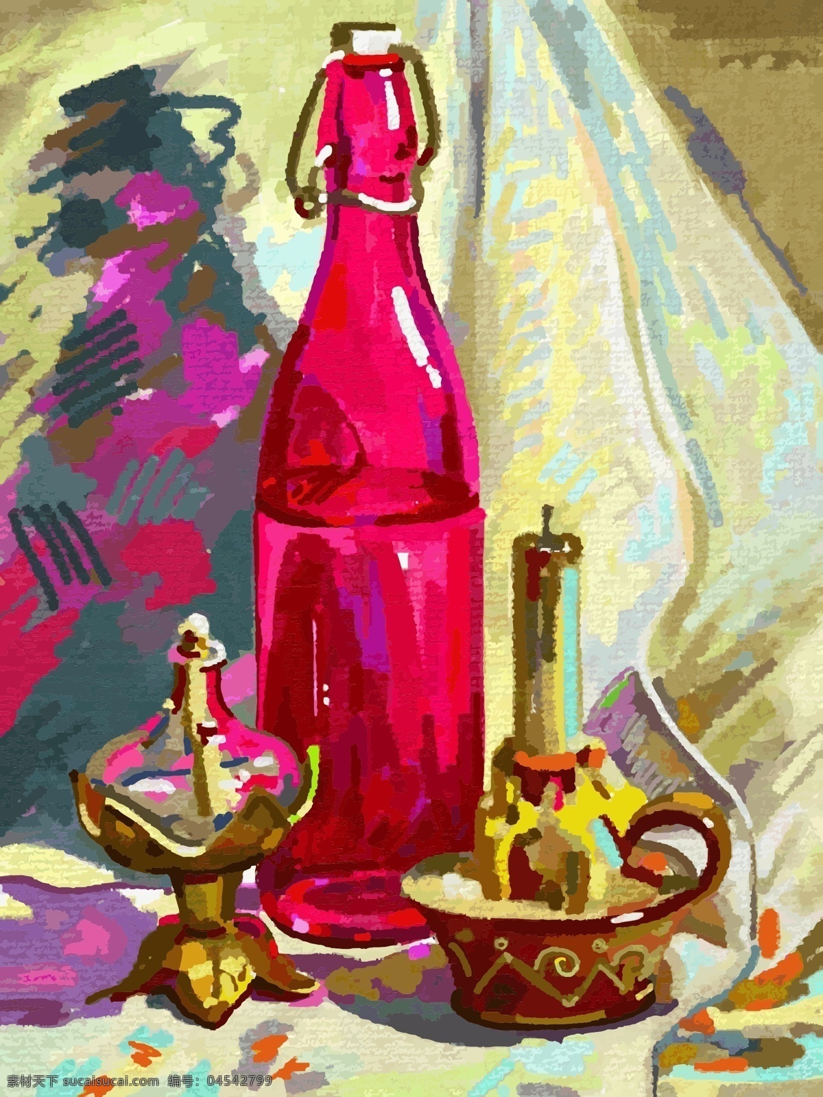 蜡烛 酒瓶 油画 写生 静物 印象派油画 抽象画 抽象油画 油画艺术 绘画艺术 装饰画 其他艺术 文化艺术 矢量素材 红色