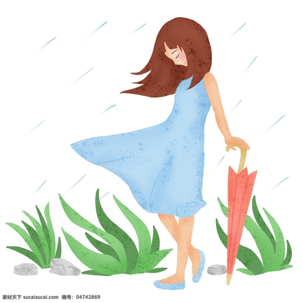 谷雨 淋雨 卡通 插画 红色的雨伞 卡通插画 谷雨插画 节气 节日 二十四节气 下雨 淋雨的女孩