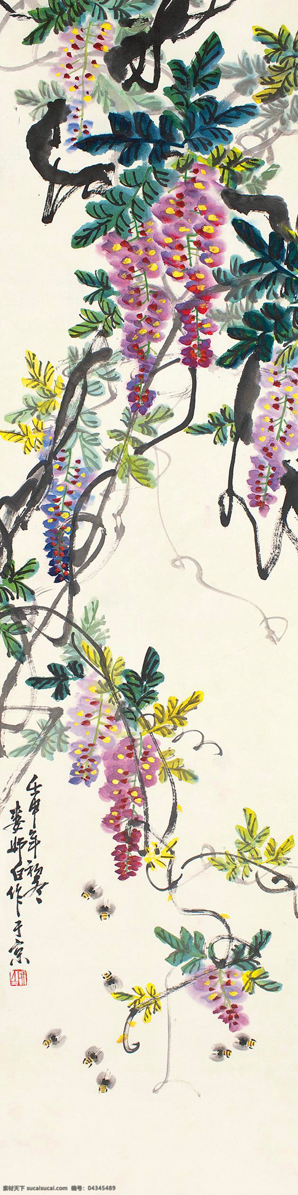 紫藤蜜蜂 娄师白 国画 紫藤 蜜蜂 写意 水墨画 花鸟 中国画 绘画书法 文化艺术
