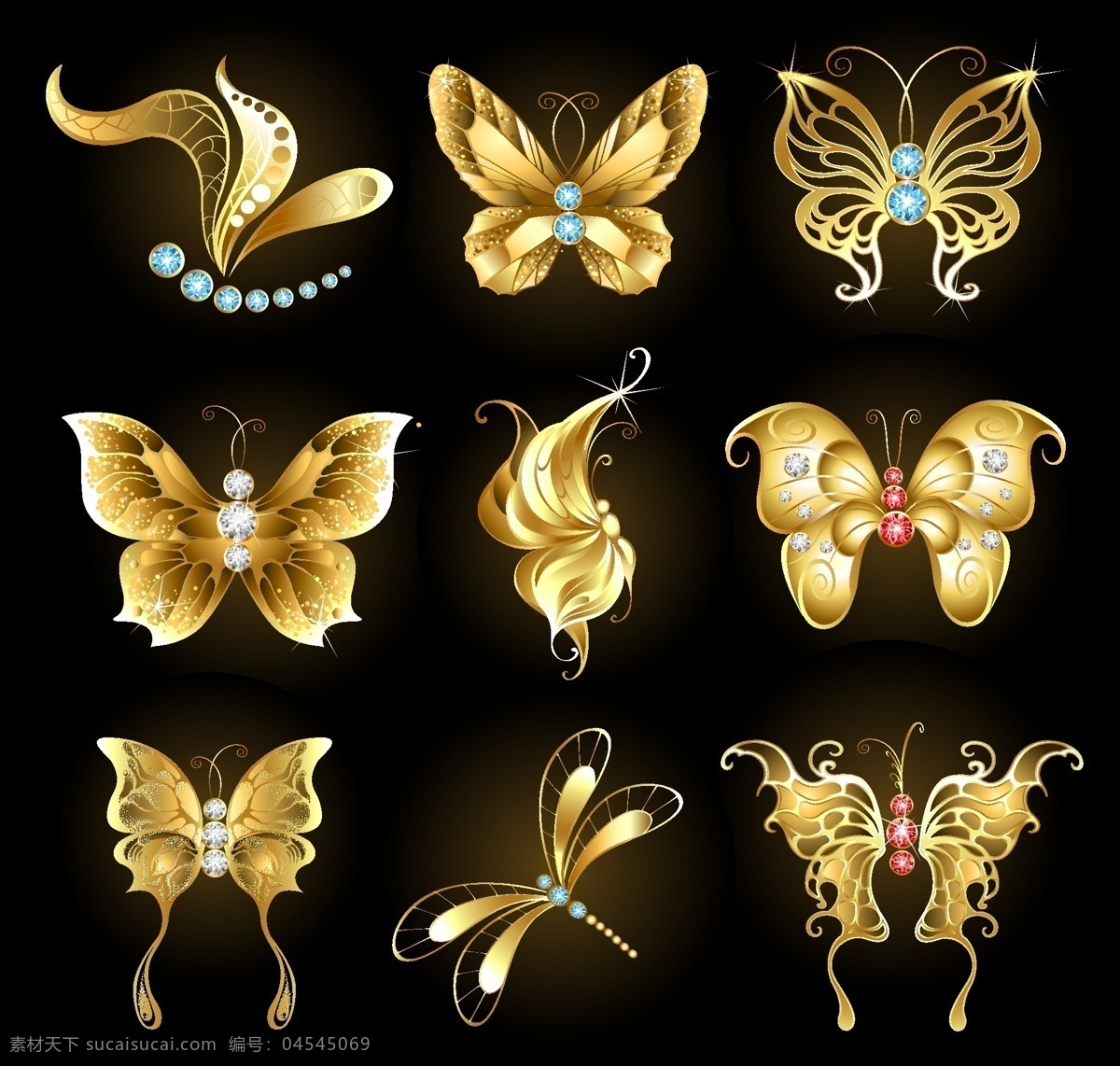 钻石 黄金 蝴蝶 矢量 eps格式 宝石 金色 蜻蜓 矢量图 其他矢量图