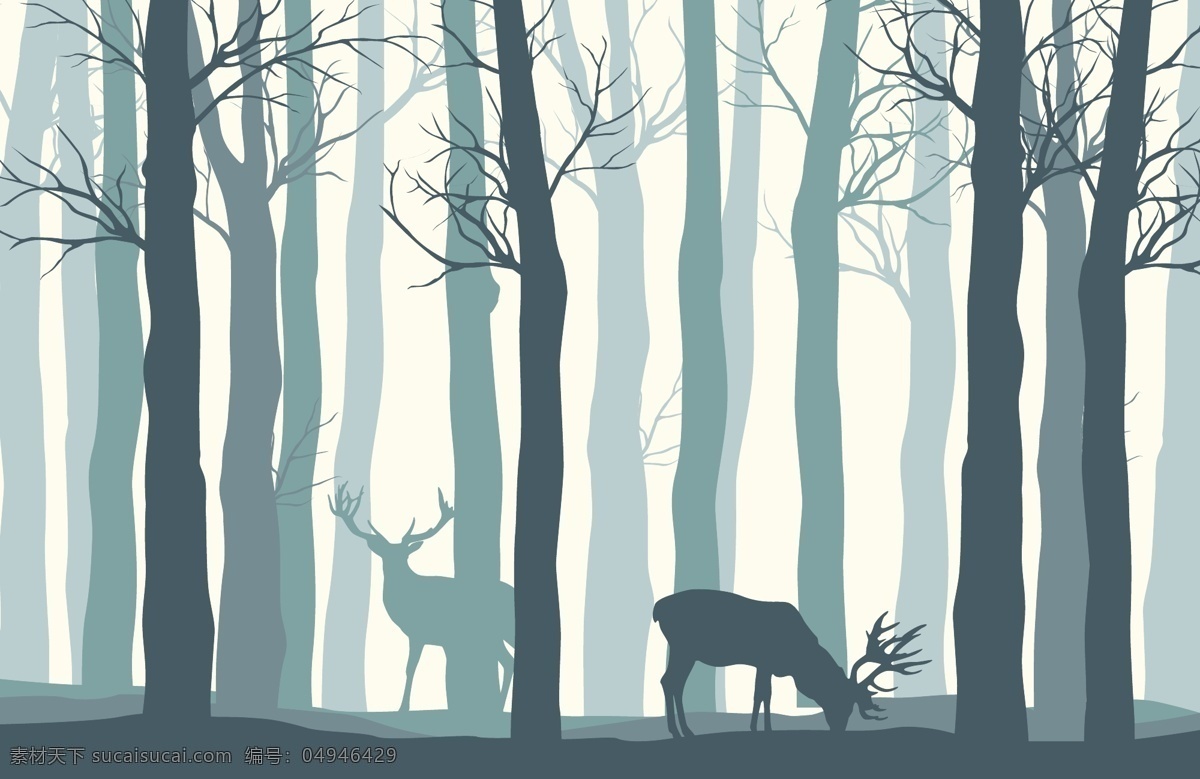 北欧 森林 麋鹿 装饰画 小清新 森系 树木 渐变色 创意设计 绘画 室内装饰画 树林 背景墙画 壁纸图案 文化艺术