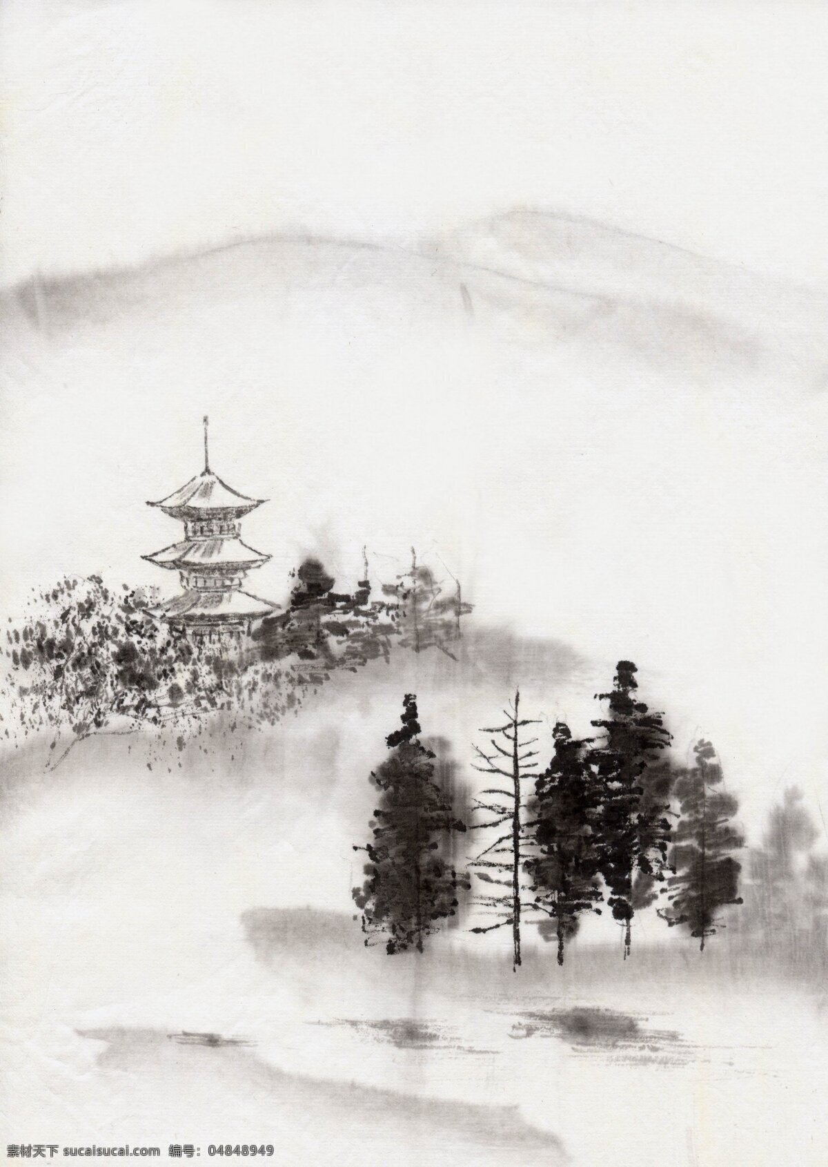 树木和塔 树木 山水画 水墨 白色