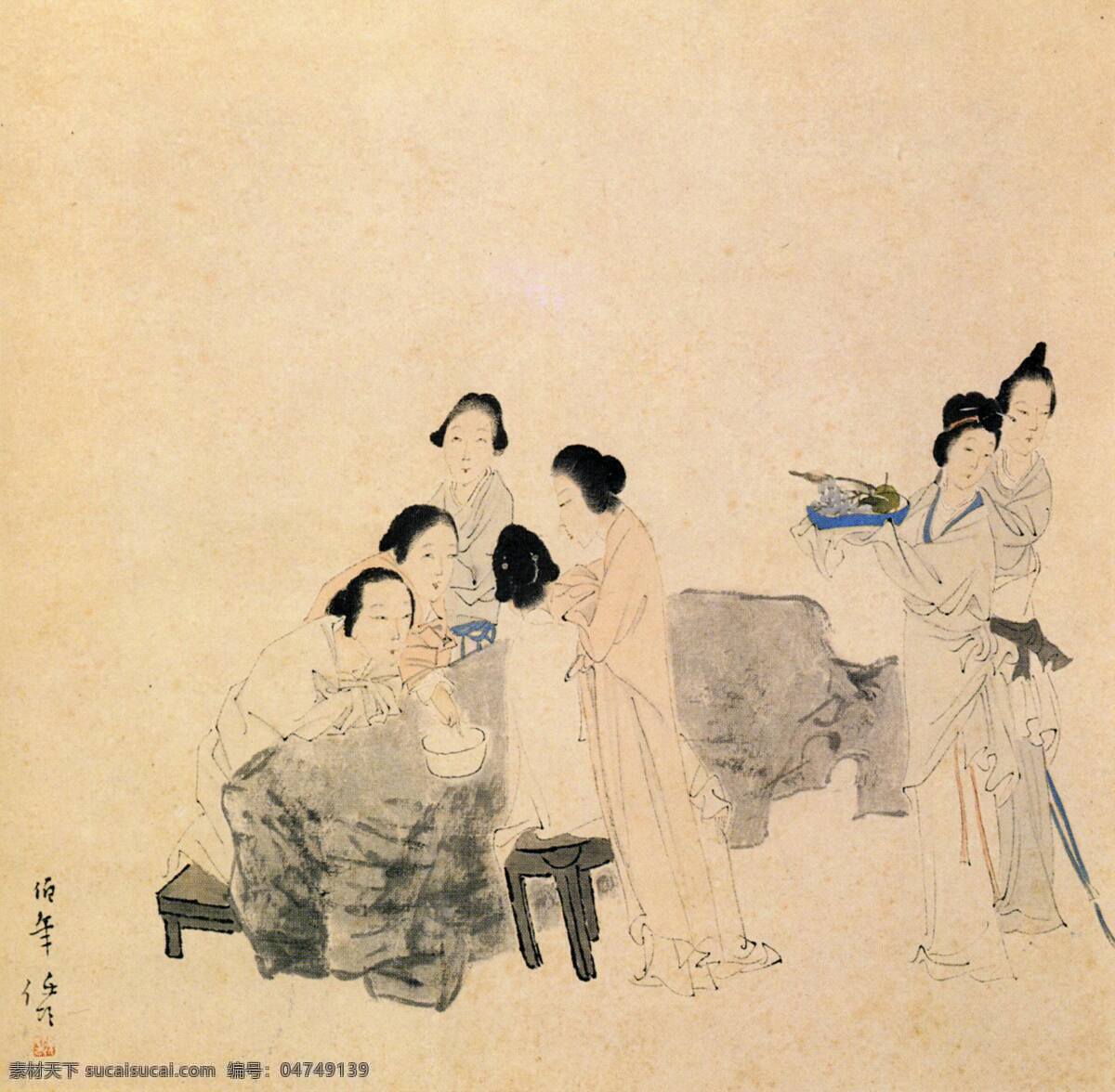 中国传统丹青 中式 传统 国画 丹青 乞巧图 绘画书法 文化艺术