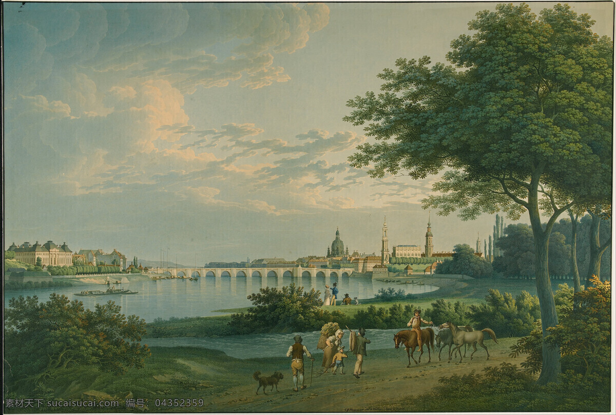 克里斯蒂安 戈特 布利 汉密尔 作品 德国 德累斯顿 大桥 游人 河流 19世纪油画 油画 绘画书法 文化艺术