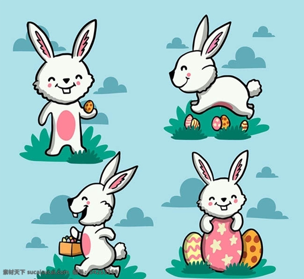 复活节 白兔 动物 兔子 菜单 草地 云朵 矢量 高清图片