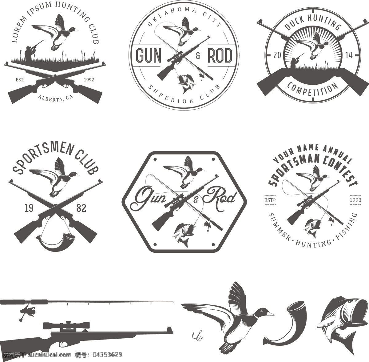 狩猎 主题 黑白 标签 鸟 枪 狩猎主题 黑白标签 生活百科 矢量素材 白色