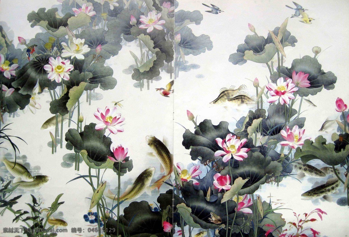 荷塘 荷花 鲤鱼 工笔画 高清晰 国画作品 名家作品 临摹 露雨年 绘画书法 文化艺术