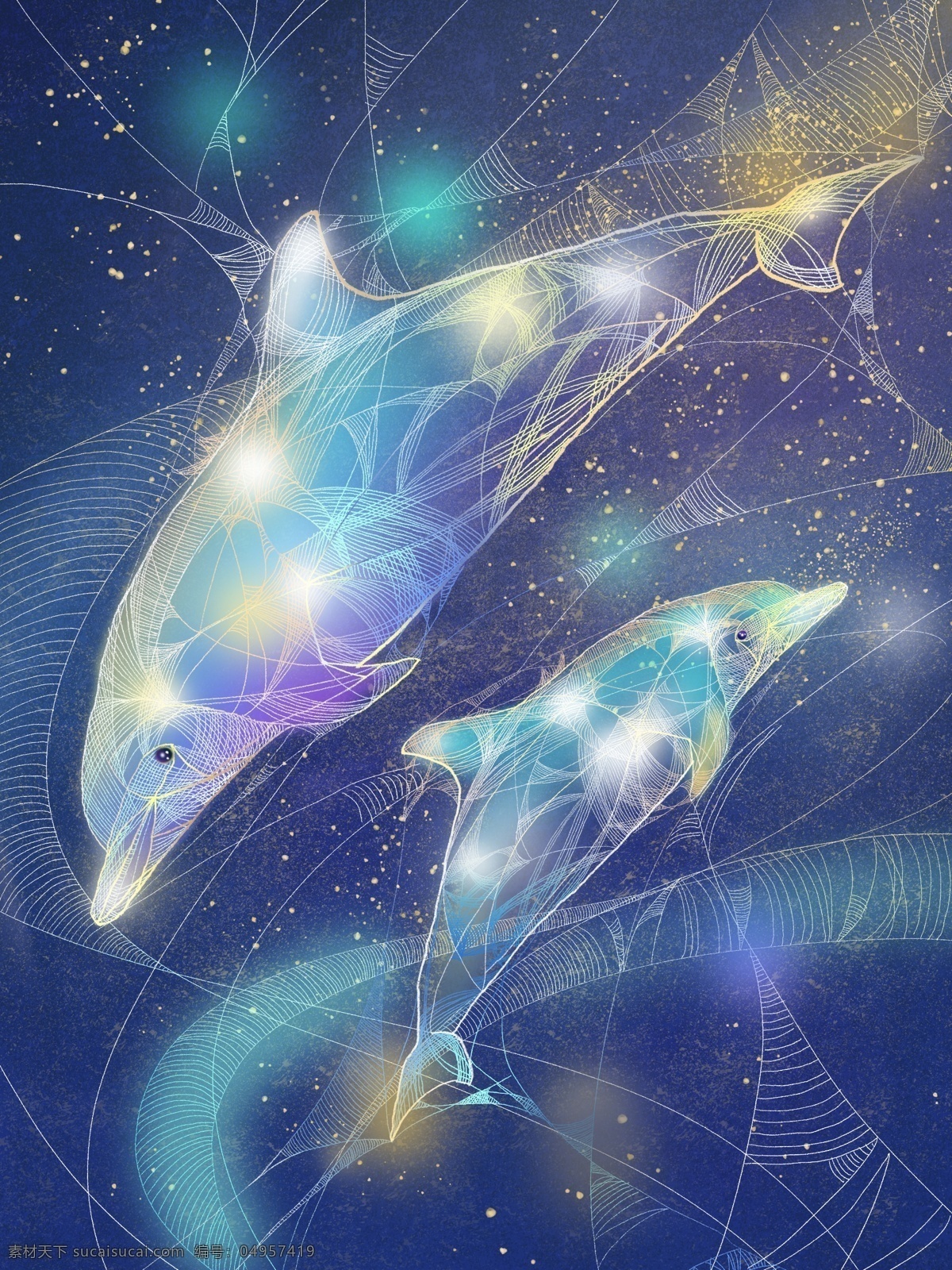 动物 复古 风 海豚 独特 透明感 插画 复古风 肌理 唯美壁纸 背景 配图 可爱 科技感 鱼