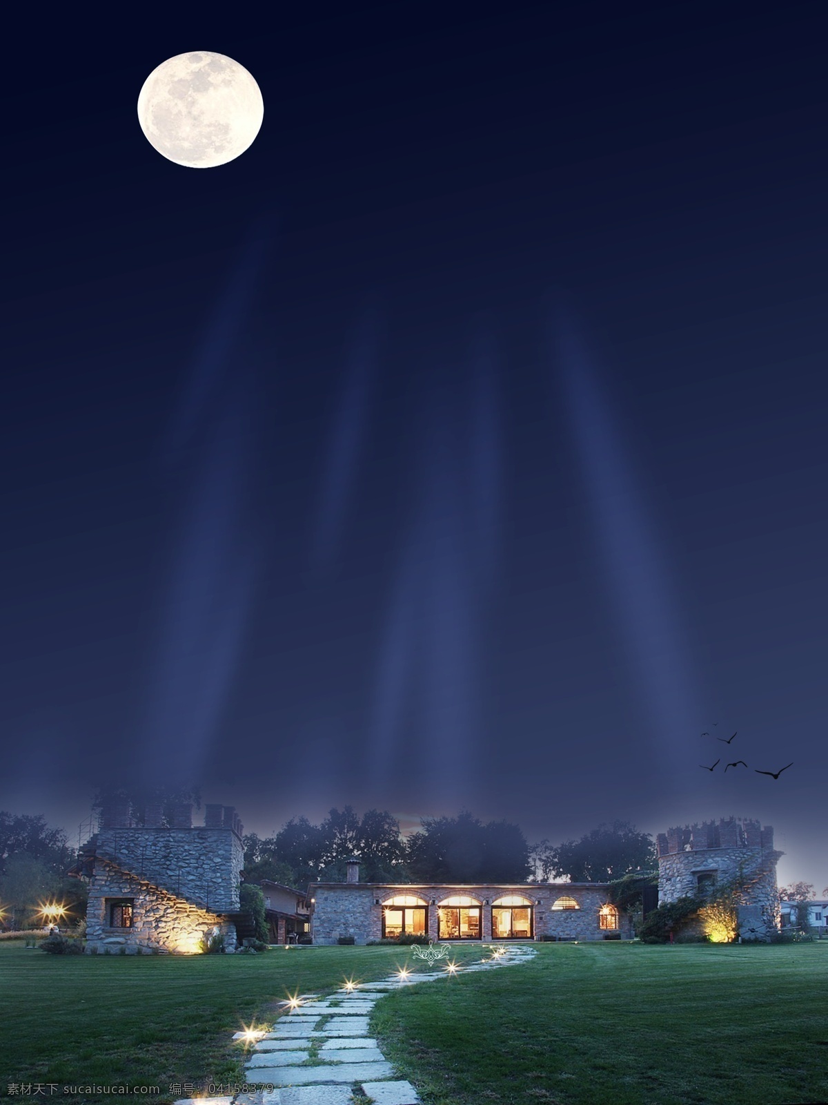 简约 大气 夜空 下 建筑物 背景 月亮 草地 背景素材 夜空背景 地产背景 广告背景