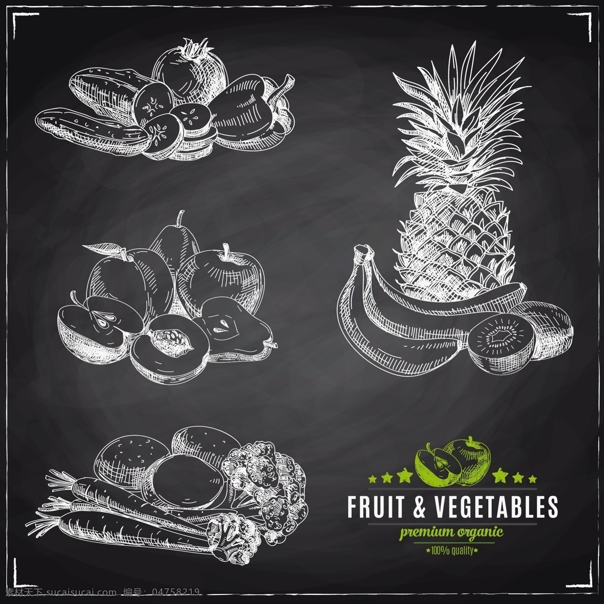 手绘 种 蔬菜 水果 插画 黑白 速写 苹果 菠萝 花菜