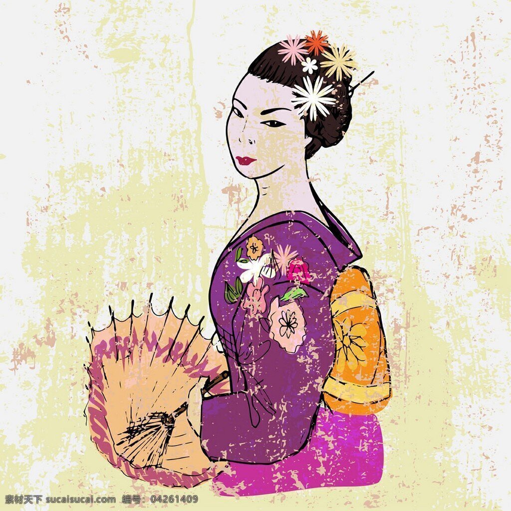 日本美女插画 日本女人 日本人 美女 卡通人物 矢量素材 人物插画 紫色和服
