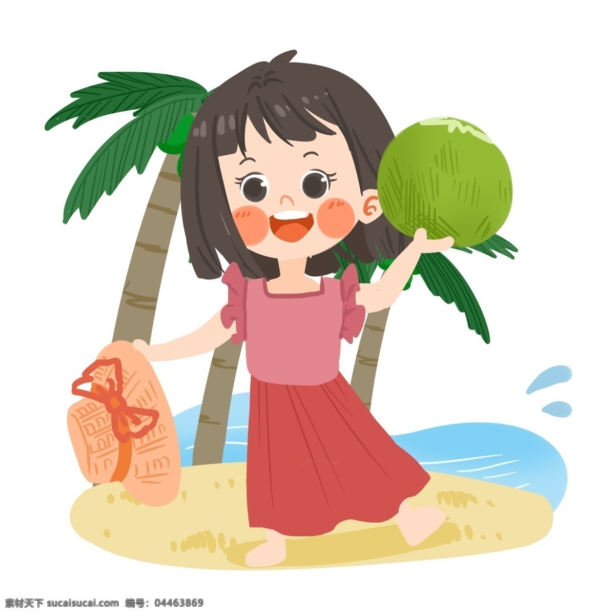 夏日 可爱 女孩 沙滩 玩耍 椰子 椰子树 海浪