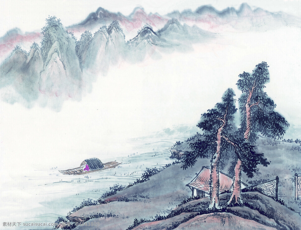中国 国画 篇 山水 水墨 丹青 群山 乌篷船 树 房舍 文化艺术 绘画书法