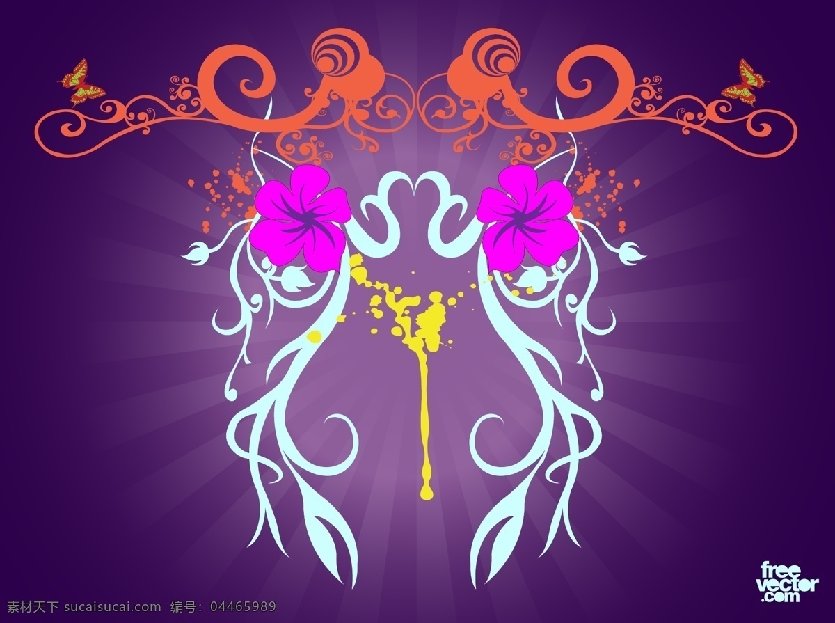 植物 滚动 组成 图标 背景 图案 蝶泳 装饰品 异国 花卉 木槿油 墨油 紫色纸卷 飞溅 喷溅 星 暴 旭日热带