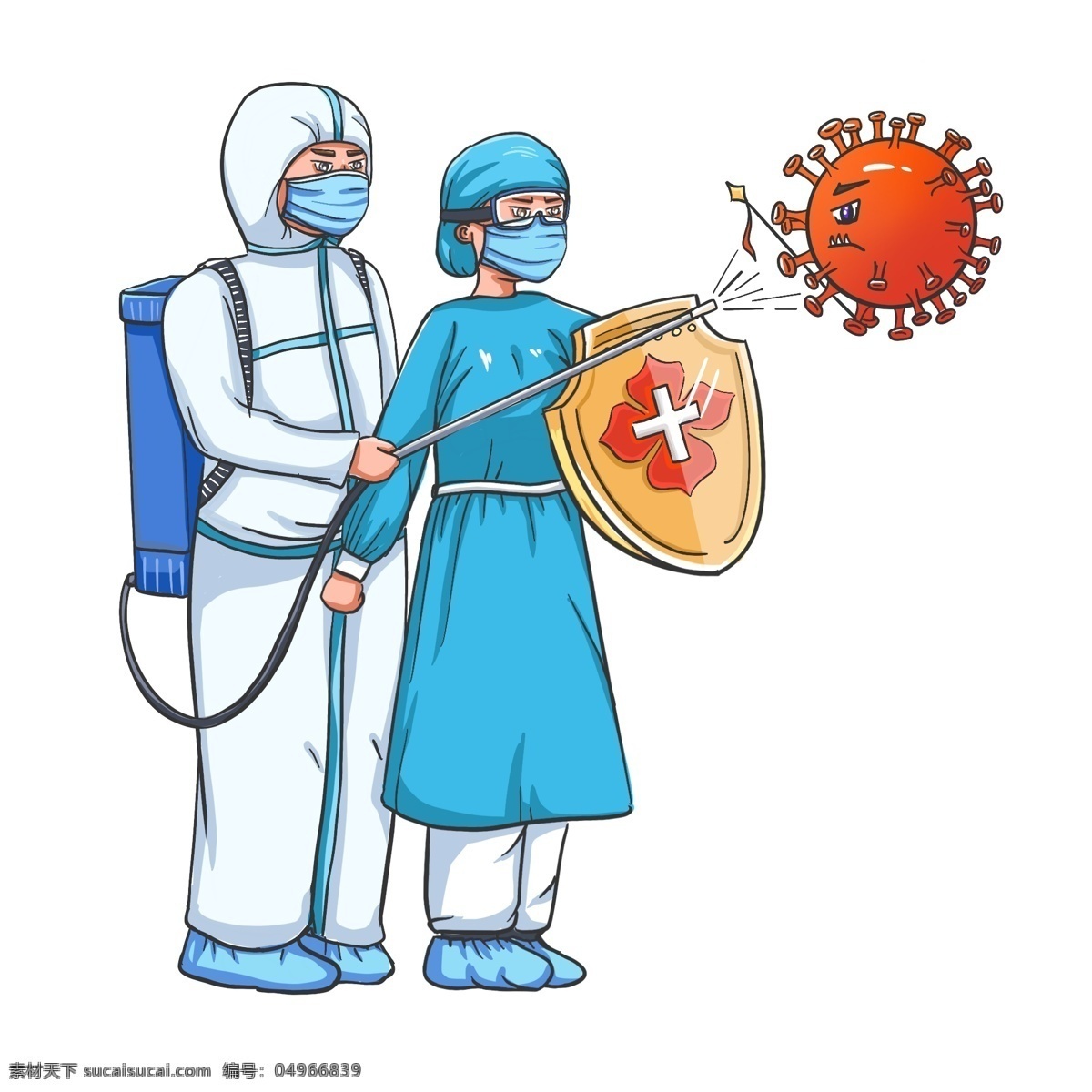 医护 人员 战胜 病毒 卡通 可爱 手绘 保护 病情 对抗 盾牌 防护服 防疫 肺炎 隔离 护士 加油 健康 动漫动画 动漫人物
