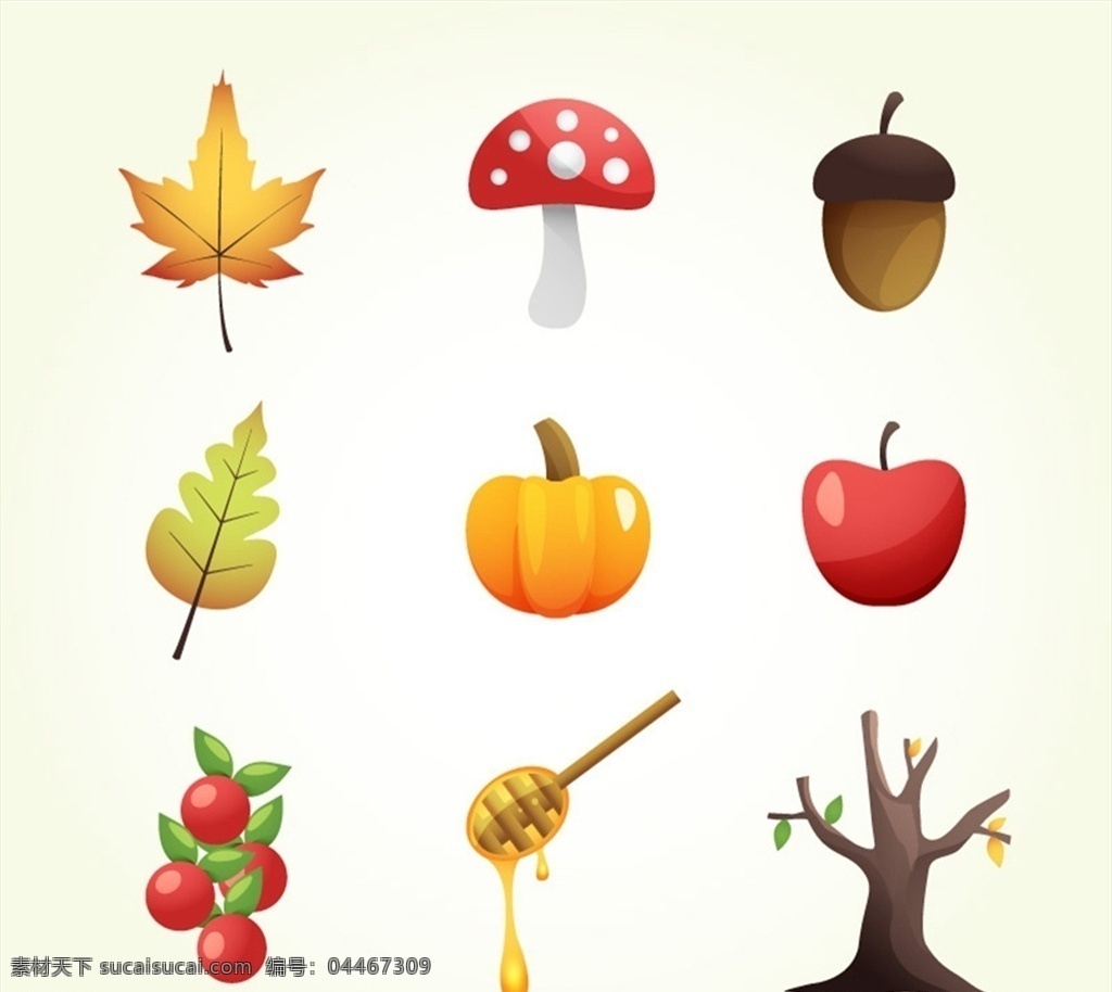 秋季 元素 图标 枫叶 蘑菇 橡子 树叶 南瓜 苹果 矢量 高清图片