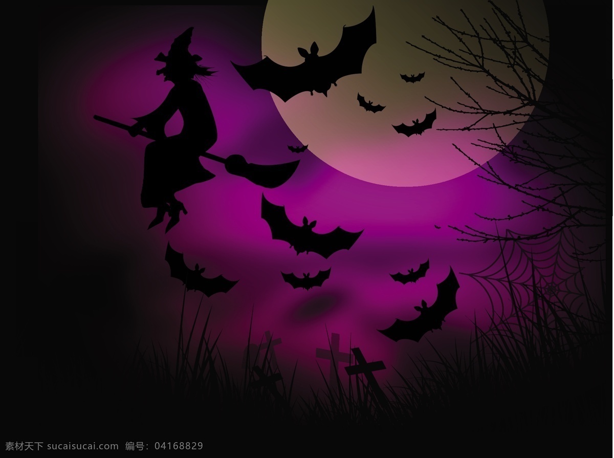 紫色 月夜 巫婆 背景 矢量 万圣节 扫帚 蝙蝠 月亮 荒野 枯树 贺卡 卡片 节日 万圣节素材
