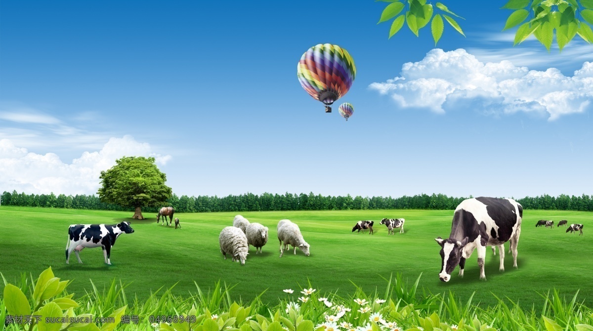 草原牛羊 草原 牛羊 蓝天 白云 绿草地 羊群 热气球