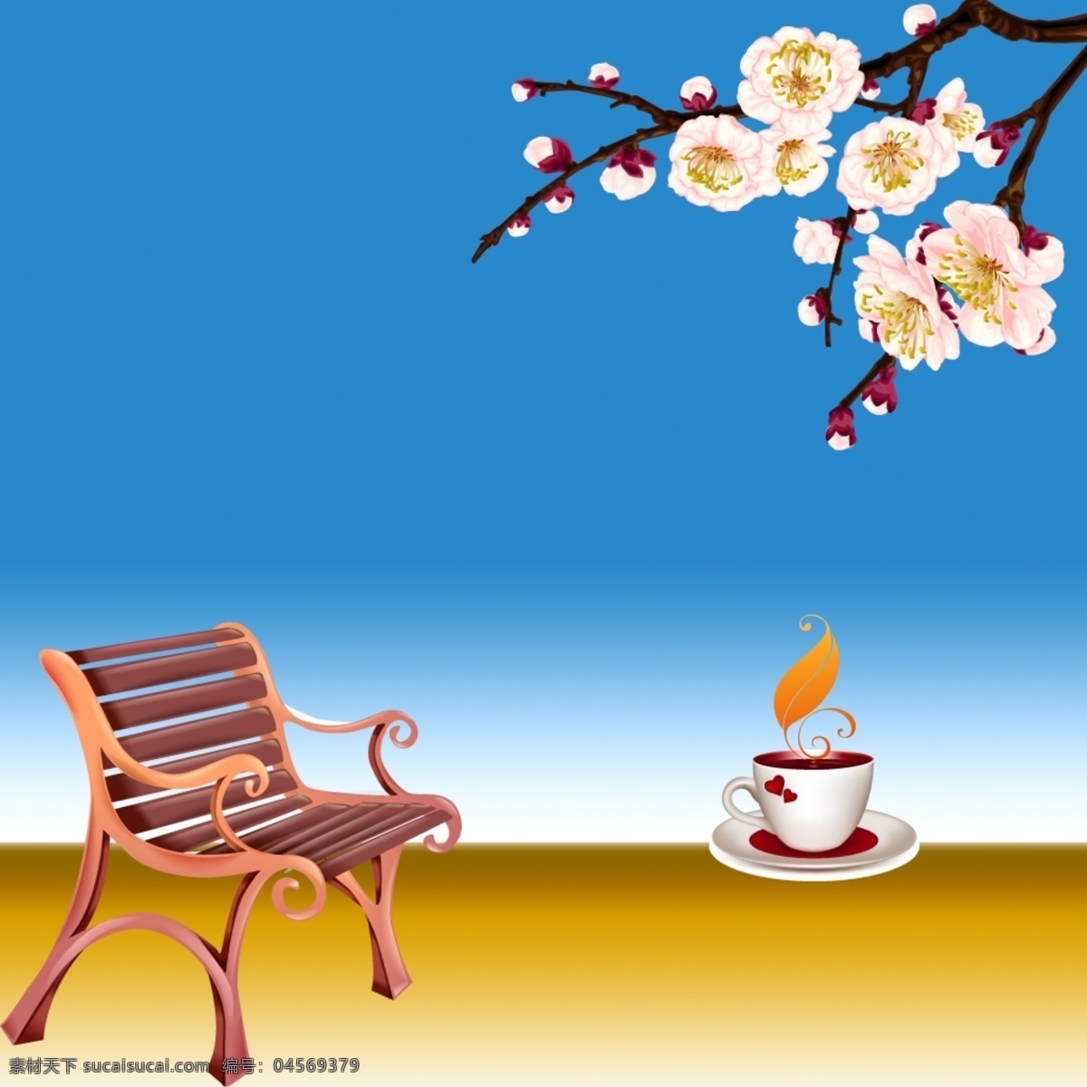 桃花 朵朵 长椅 咖啡 休闲 插画 桃花朵朵 卡通长椅 休闲插画 舒适