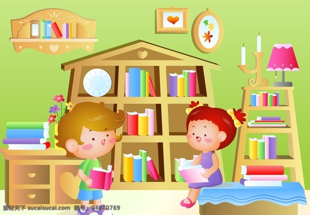 卡通 小孩 在家 里 看书 卡通小孩 书 书柜 台灯 烛台 花 学习用品 生活百科 矢量