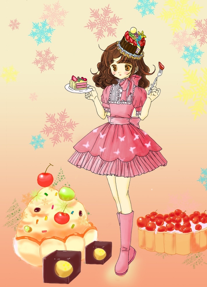 甜美少女 少女 甜美 蛋糕 巧克力 粉色 动漫动画 动漫人物