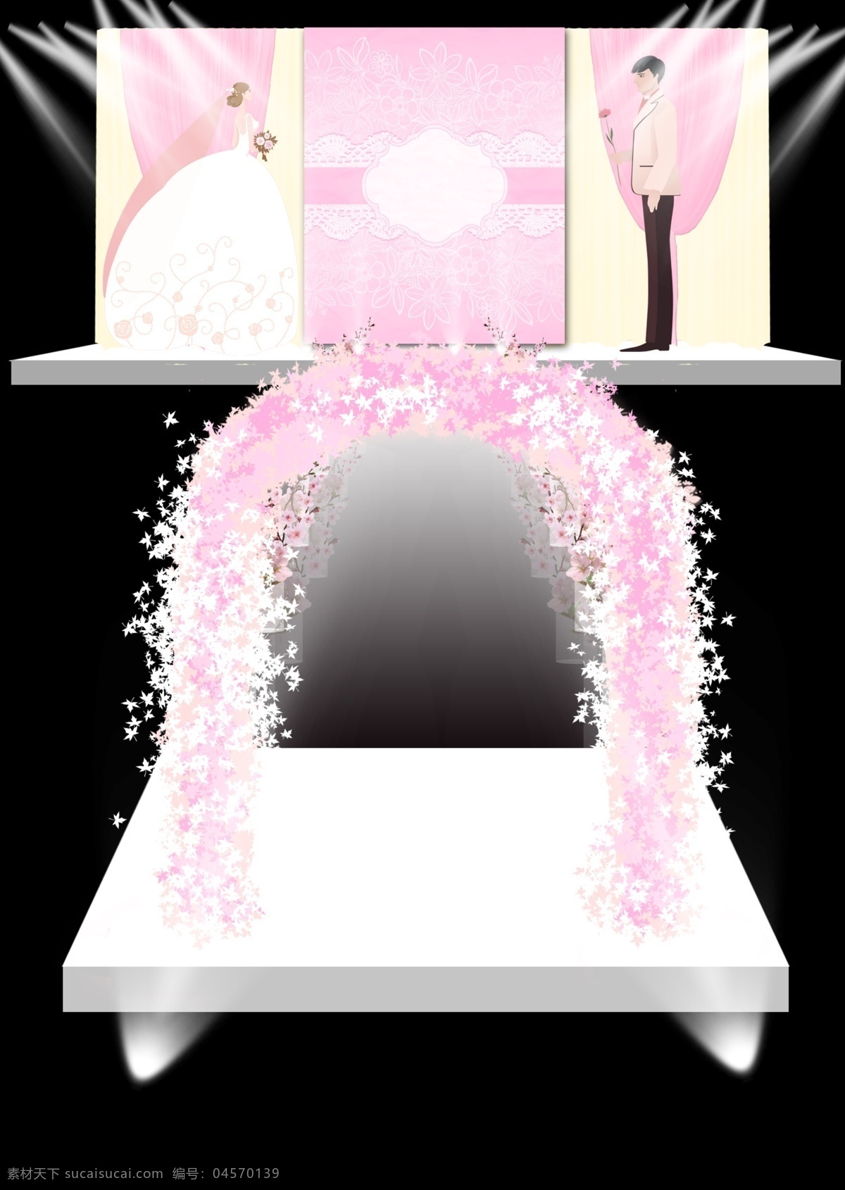 婚礼效果图 婚礼仪式区 粉色拱门 新郞剪影 新娘剪影 镜面 中间喷绘装饰 黑色