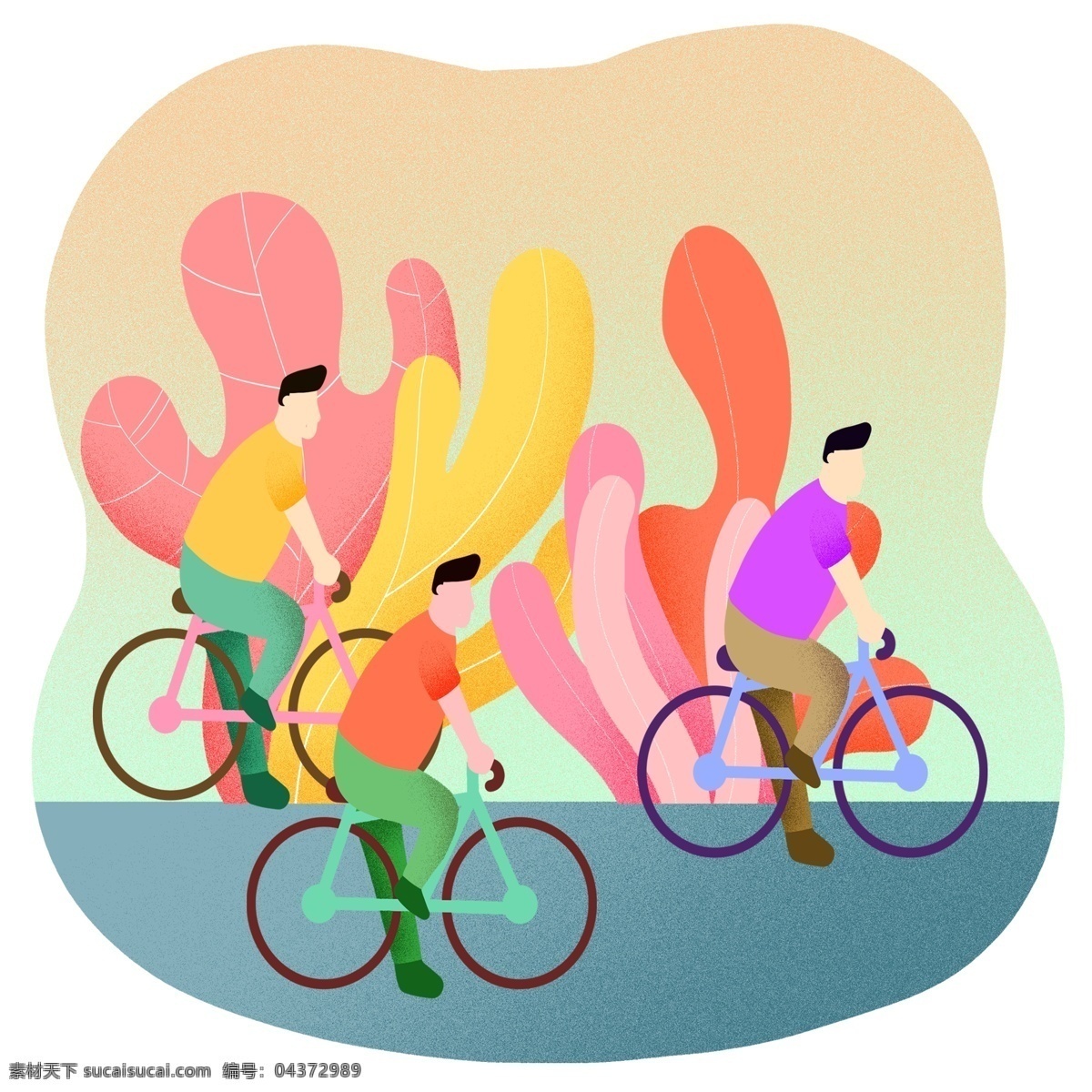 扁平 风 骑 自行车 插画 运动 骑车 动感单车 健身 生活 身体 车子 植物 小清新 免扣png