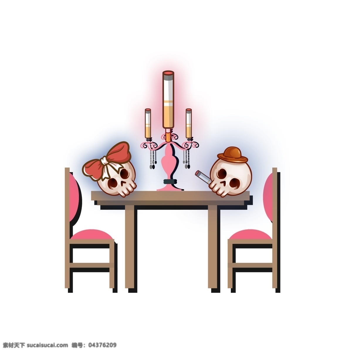卡通 创意 禁烟 最后的晚餐 元素 插画 骨头 蜡烛 椅子 桌子