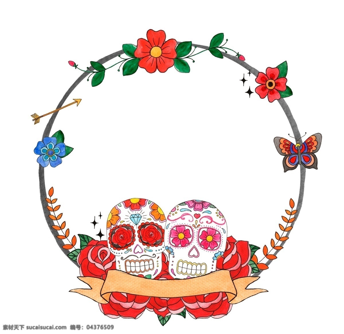 骷髅 花环 源文件 骨头 花朵 设计素材 装饰素材