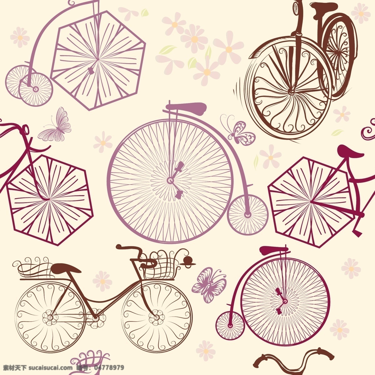 鲜花单车 浪漫单车 手绘单车 单车印花 菊花 百合花 夏季 鲜花 单车 自行车 交通工具设计 底纹边框 背景底纹
