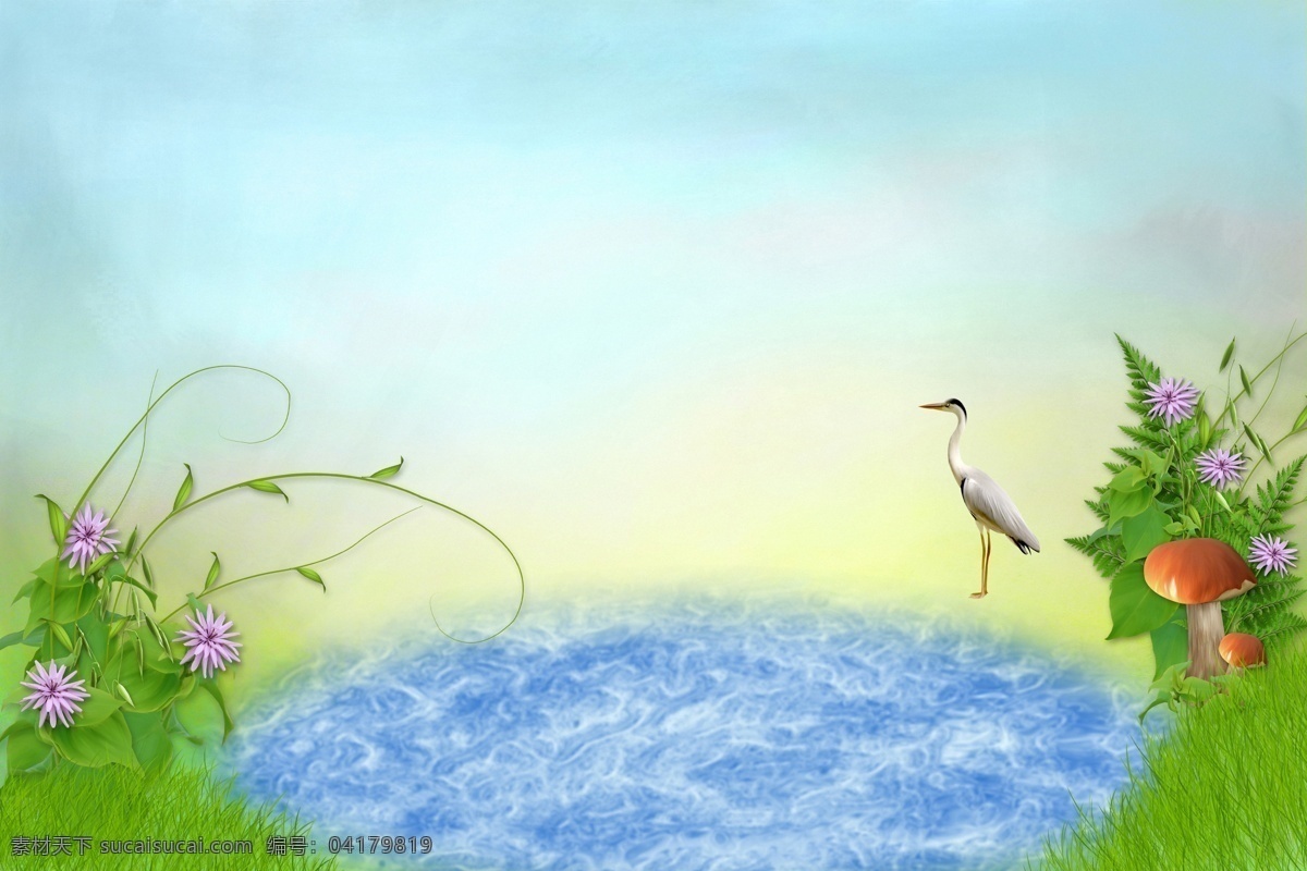 梦幻 背景 素材图片 白鹤 蘑菇 湖水 花朵 鲜花 草地 卡通背景 手绘 插画 山水风景 风景图片